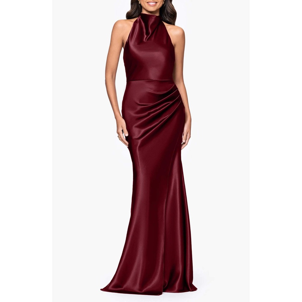 Betsy & Adam Charmeuse Dress Halter Satin Ruched Maxi Gown Burgundy Sz 2 Formal